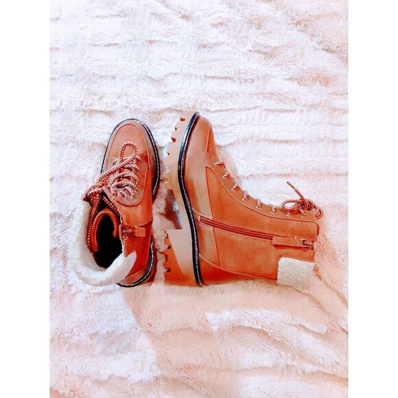 Violet & Red Womens Alexa Fleece Lined Lug Sole Leather Combat Boots 8.5 Cognac - Picture 5 of 8